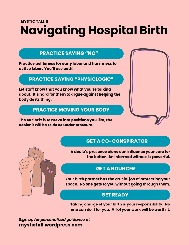 Anna's Guide to Navigating Hospital Birth:
1. Practice saying "no"
2. Practice saying "physiologic"
3. Practice moving your body
4. Get a co-conspirator
5. Get a bouncer
6. Get ready